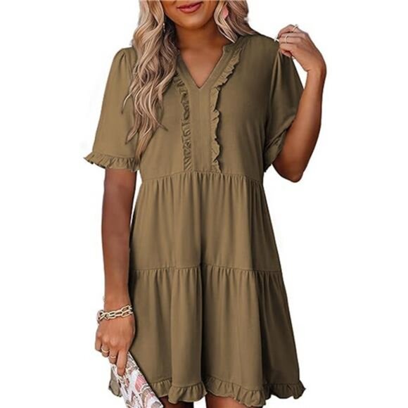 Tiered Notched Short Sleeve Mini Dress - Picture 13 of 16